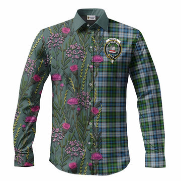 MacNeil (McNeil) Family Crest Tartan Long Sleeve Button Shirts Scottish Thistle Flower Pattern Half Style
