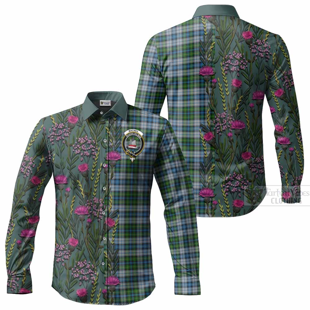 MacNeil (McNeil) Family Crest Tartan Long Sleeve Button Shirts Scottish Thistle Flower Pattern Half Style - Tartan Vibes Clothing