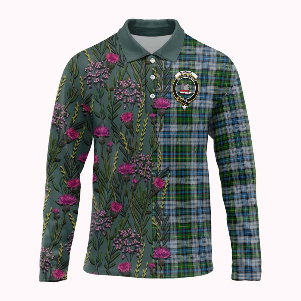 MacNeil (McNeil) Family Crest Tartan Long Sleeve Polo Shirt Scottish Thistle Flower Pattern Half Style - Tartan Vibes Clothing