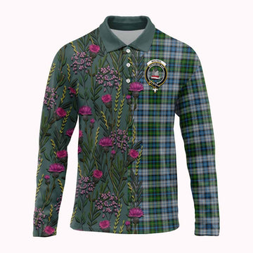 MacNeil (McNeil) Family Crest Tartan Long Sleeve Polo Shirt Scottish Thistle Flower Pattern Half Style