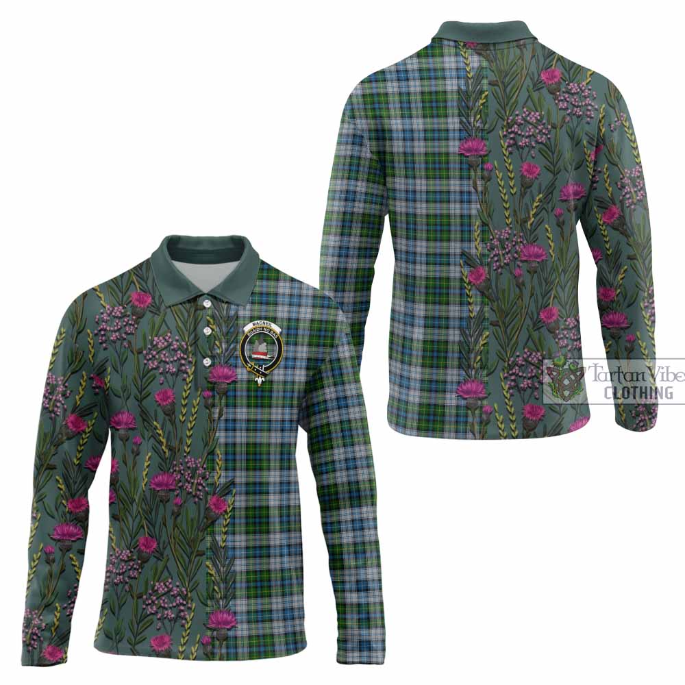 MacNeil (McNeil) Family Crest Tartan Long Sleeve Polo Shirt Scottish Thistle Flower Pattern Half Style - Tartan Vibes Clothing