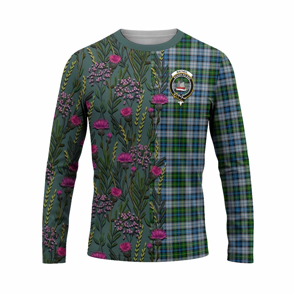 MacNeil (McNeil) Family Crest Tartan Long Sleeve T-Shirt Scottish Thistle Flower Pattern Half Style - Tartan Vibes Clothing