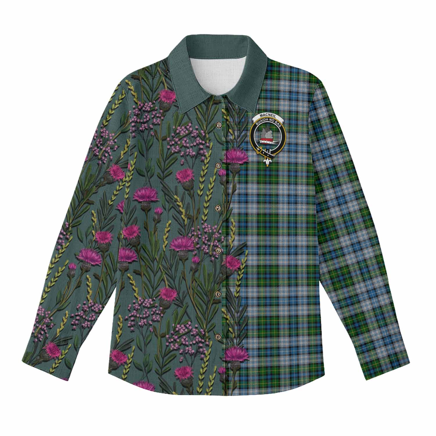 MacNeil (McNeil) Family Crest Tartan Women Casual Shirt Scottish Thistle Flower Pattern Half Style - Tartan Vibes Clothing
