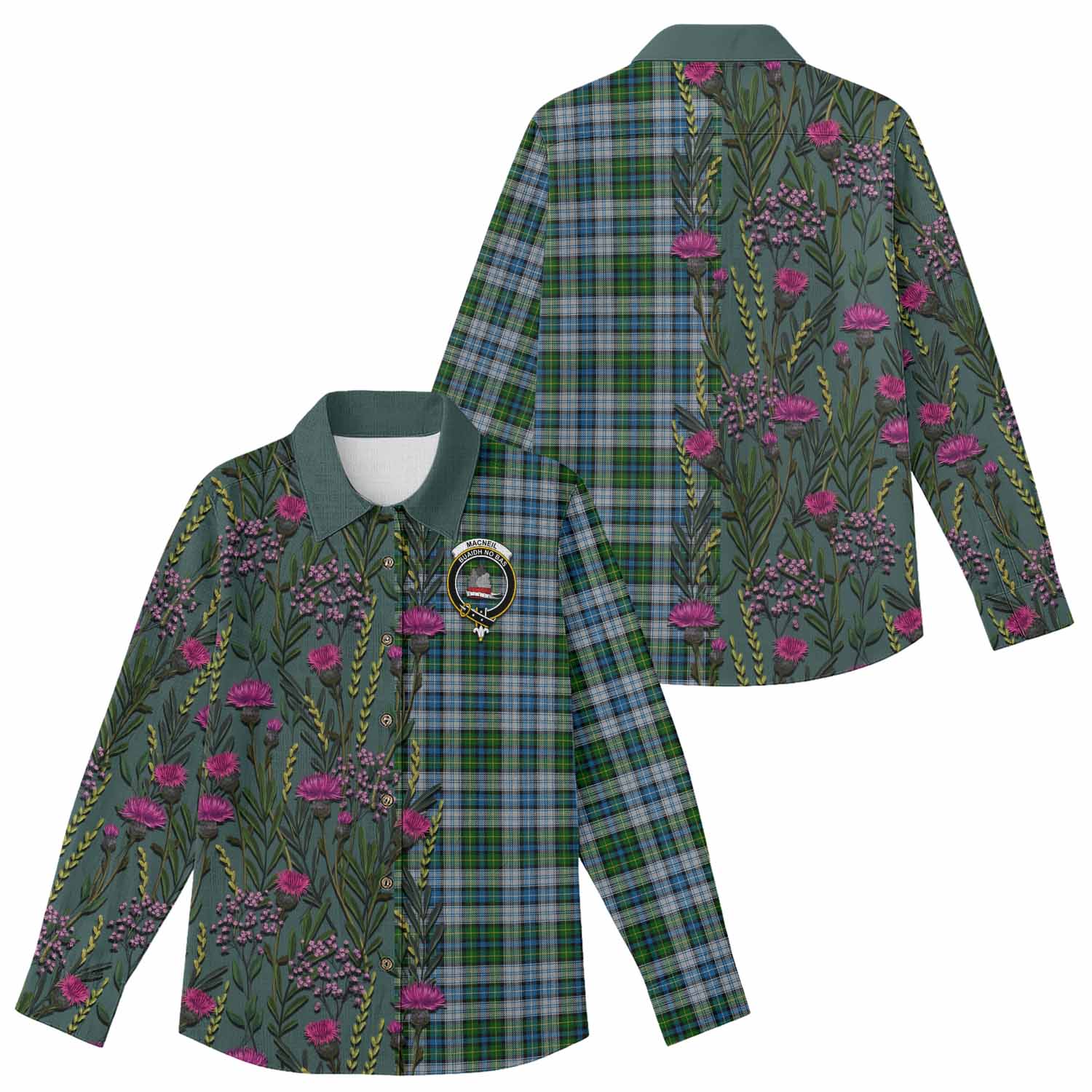 MacNeil (McNeil) Family Crest Tartan Women Casual Shirt Scottish Thistle Flower Pattern Half Style - Tartan Vibes Clothing