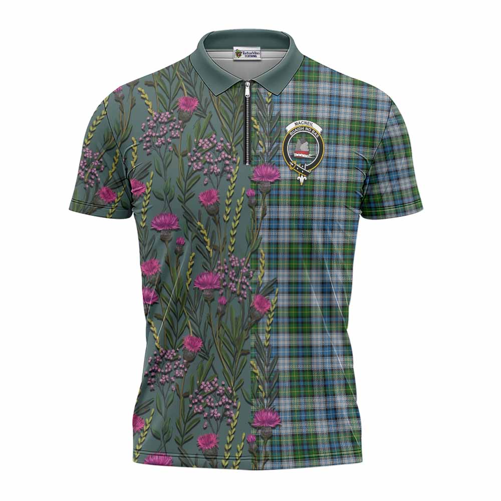MacNeil (McNeil) Family Crest Tartan Zipper Polo Shirt Scottish Thistle Flower Pattern Half Style - Tartan Vibes Clothing