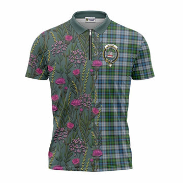 MacNeil (McNeil) Family Crest Tartan Zipper Polo Shirt Scottish Thistle Flower Pattern Half Style