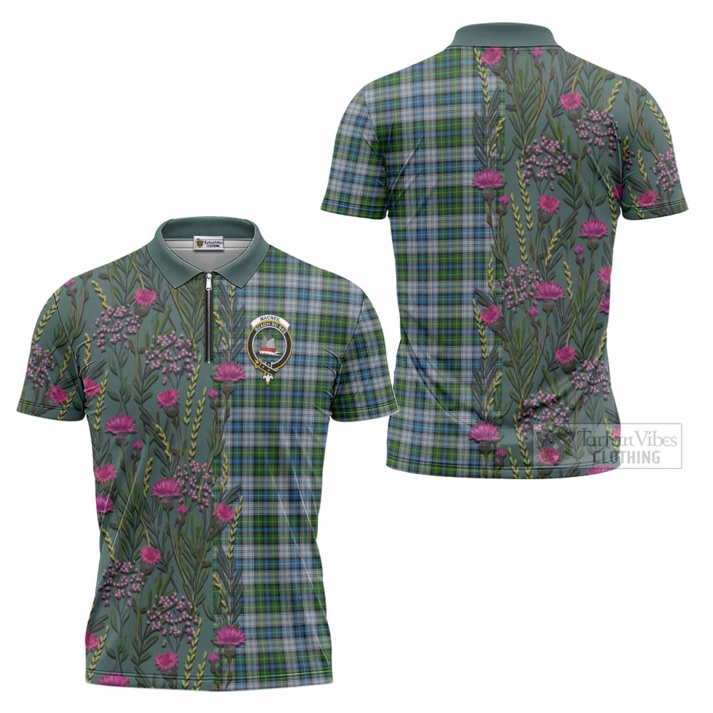 MacNeil (McNeil) Family Crest Tartan Zipper Polo Shirt Scottish Thistle Flower Pattern Half Style - Tartan Vibes Clothing