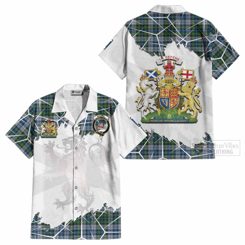 MacNeil (McNeil) Tartan Cotton Hawaiian Shirt with Family Crest and Lion Rampant Grunge Style