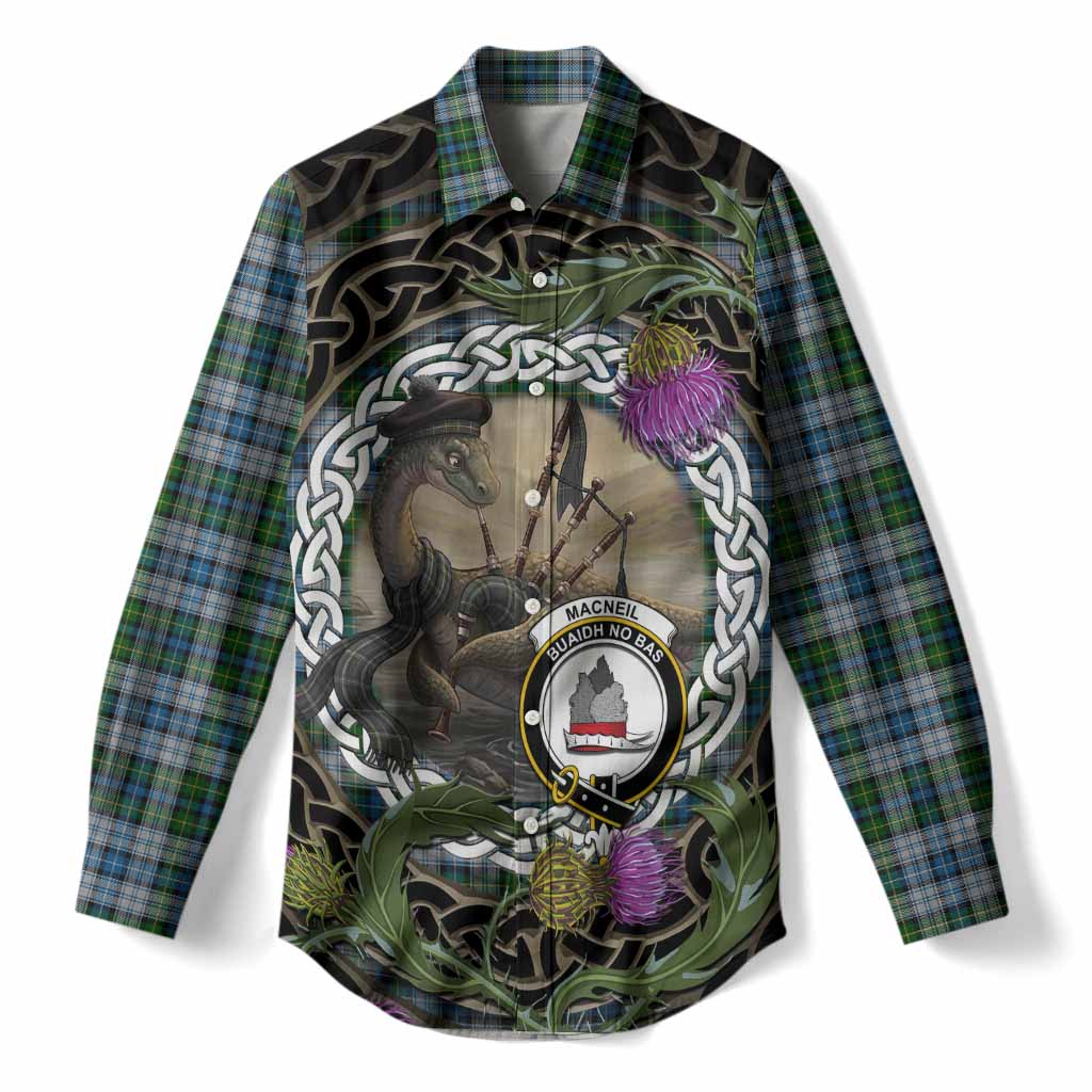 MacNeil (McNeil) Tartan Crest Bagpipe Nessie Women Casual Shirt Scottish Loch Ness Monster Celtic Thistle