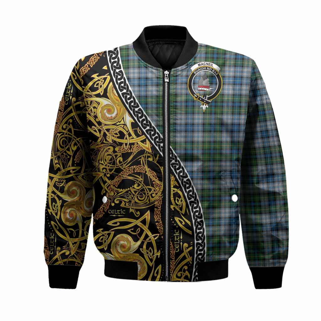 MacNeil (McNeil) Tartan Crest Bomber Jacket Celtic Knot and Triple Trickle Spiral Symbols