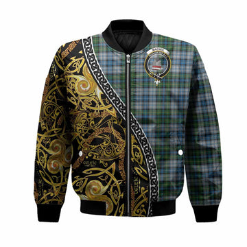 MacNeil (McNeil) Tartan Crest Bomber Jacket Celtic Knot and Triple Trickle Spiral Symbols
