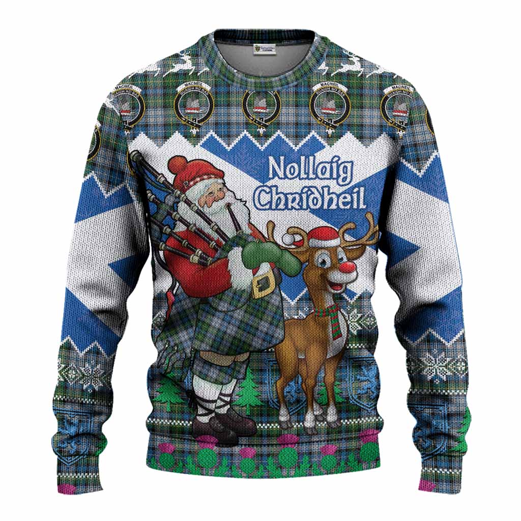 MacNeil (McNeil) Tartan Crest Christmas Christmas Ugly Sweater Scotland Santa With Bagpipes Cute Reindeer