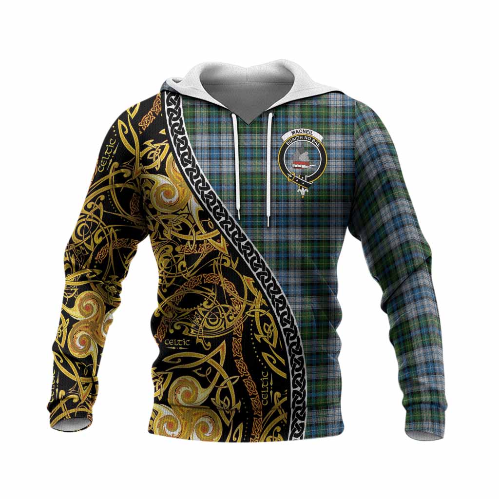 MacNeil (McNeil) Tartan Crest Knitted Hoodie Celtic Knot and Triple Trickle Spiral Symbols