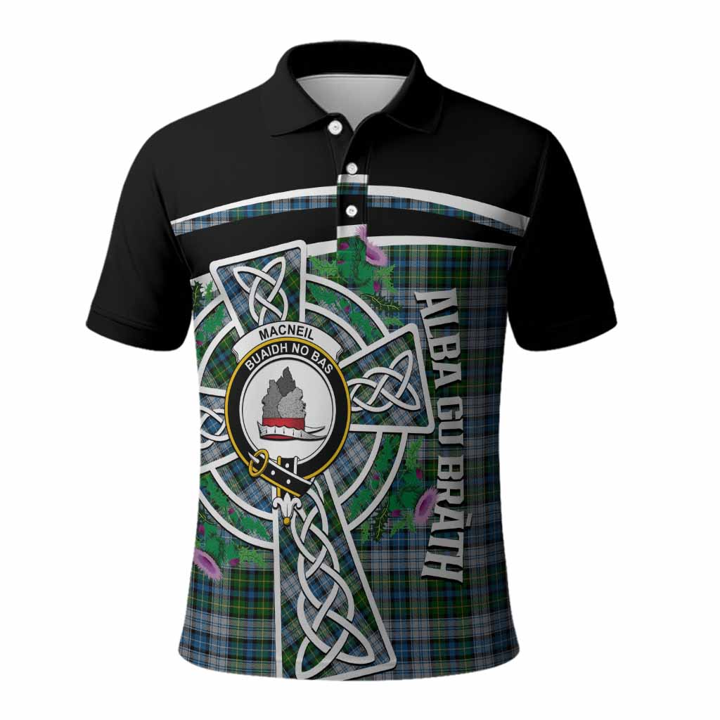 MacNeil (McNeil) Tartan Crest Polo Shirt Scottish Thistle Celtic Cross Alba Gu Brath