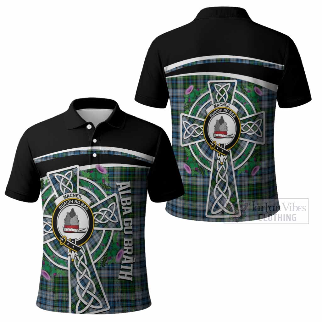 MacNeil (McNeil) Tartan Crest Polo Shirt Scottish Thistle Celtic Cross Alba Gu Brath