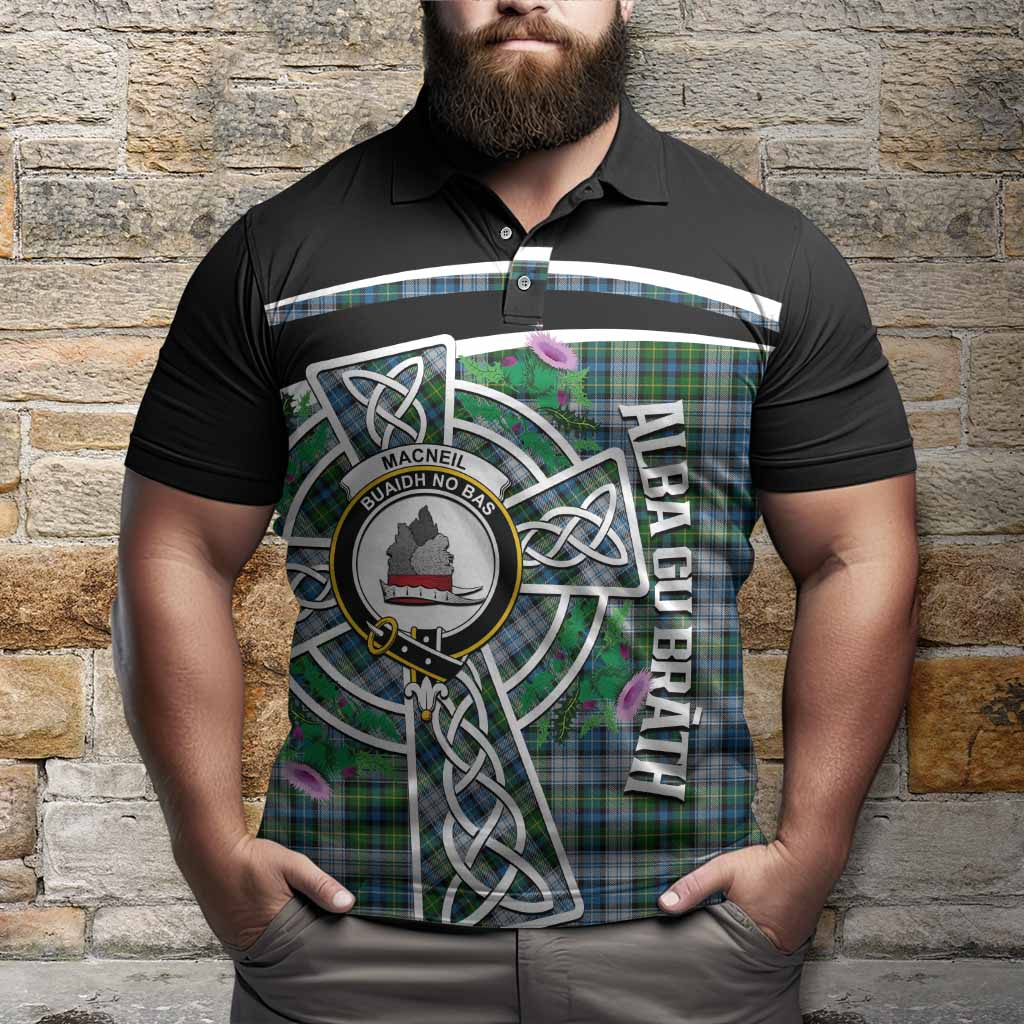 MacNeil (McNeil) Tartan Crest Polo Shirt Scottish Thistle Celtic Cross Alba Gu Brath