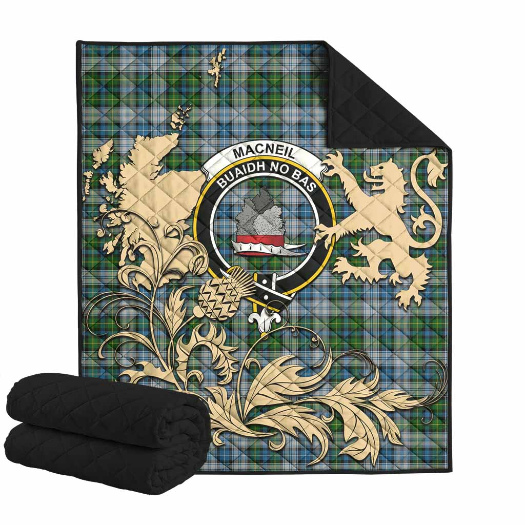 MacNeil (McNeil) Tartan Crest Premium Quilt with Scottish Iconic Symbols 