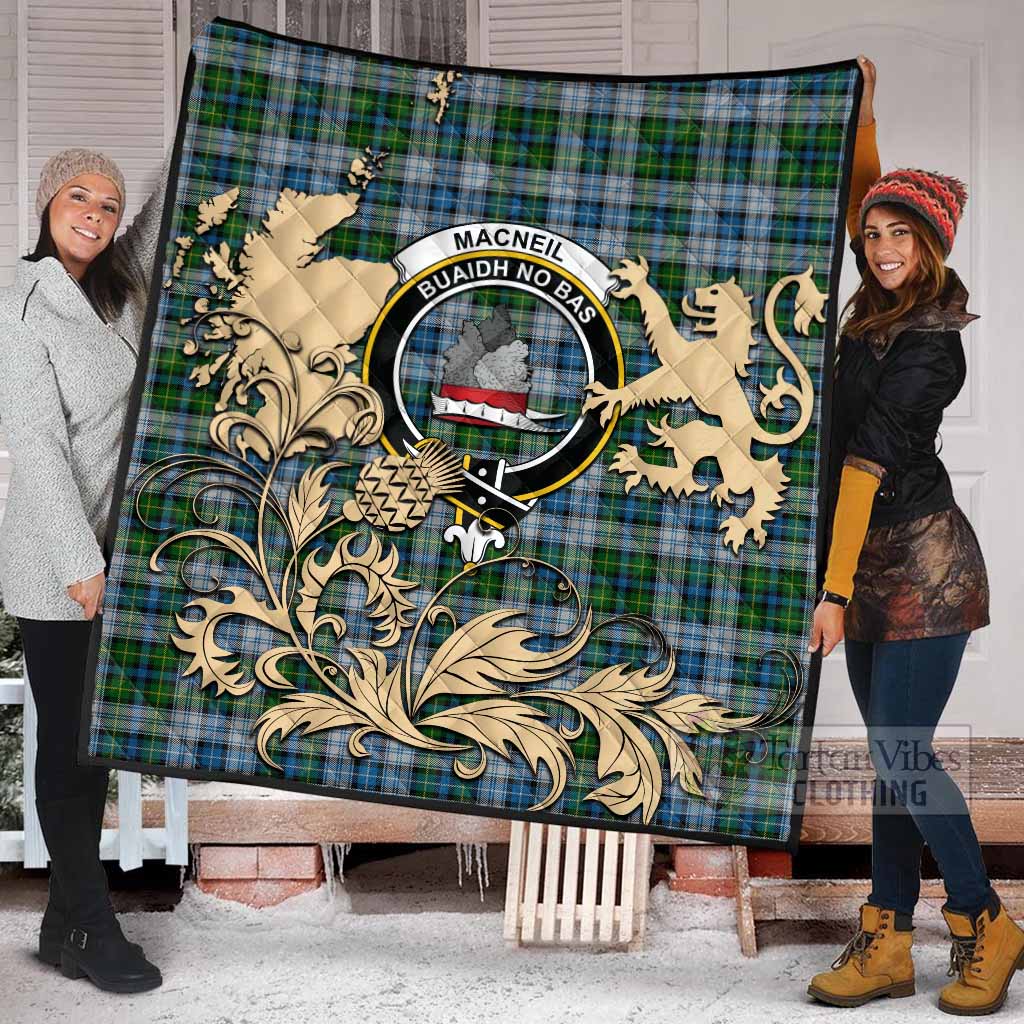 MacNeil (McNeil) Tartan Crest Premium Quilt with Scottish Iconic Symbols 
