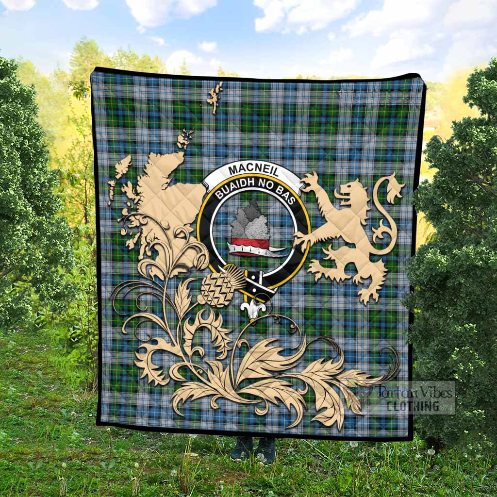 MacNeil (McNeil) Tartan Crest Premium Quilt with Scottish Iconic Symbols 