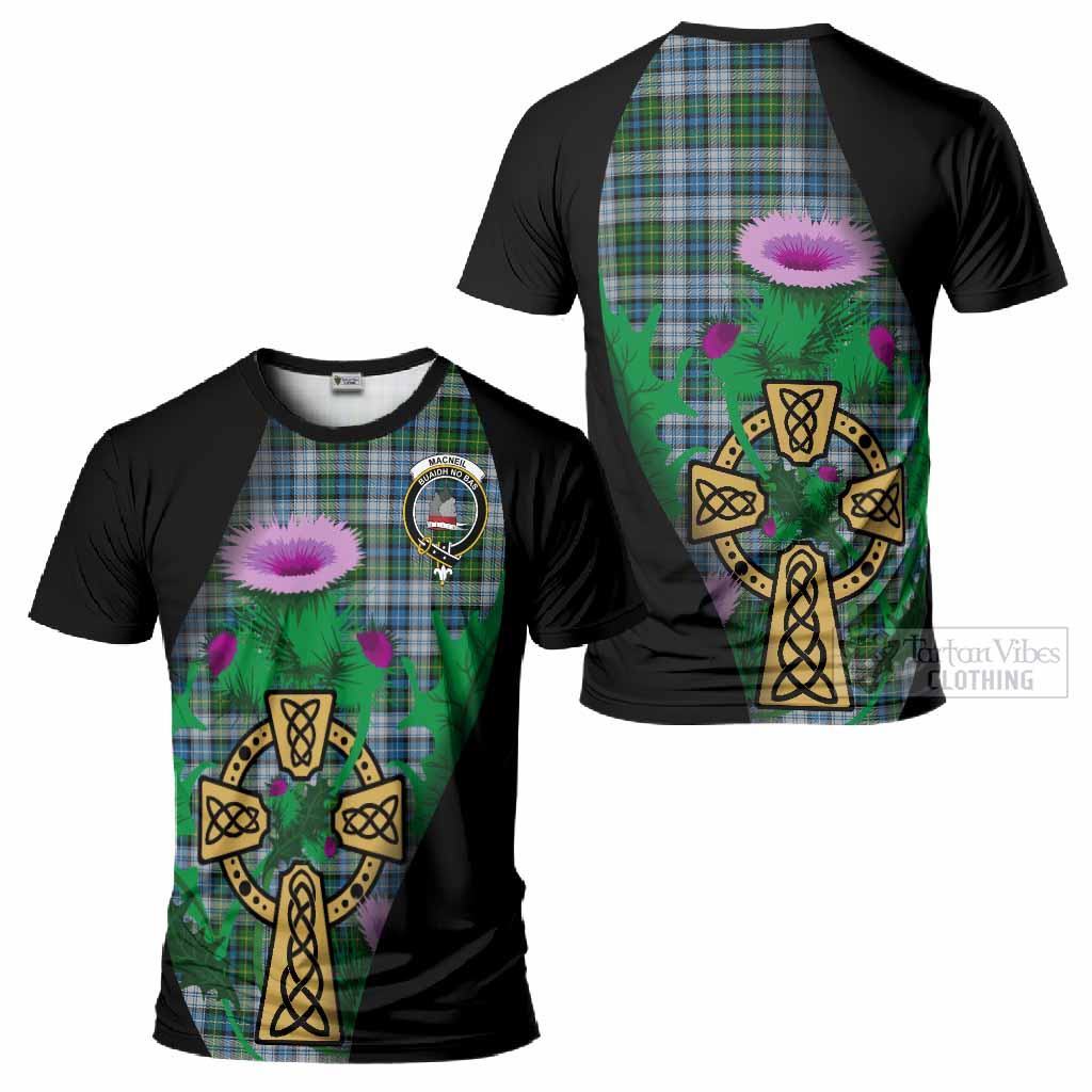 MacNeil (McNeil) Tartan Crest T-Shirt Celtic Cross Thistle Flowers
