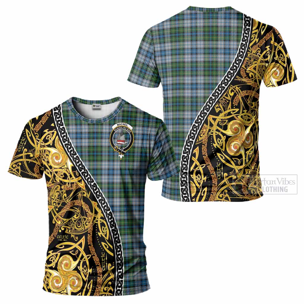 MacNeil (McNeil) Tartan Crest T-Shirt Celtic Knot and Triple Trickle Spiral Symbols
