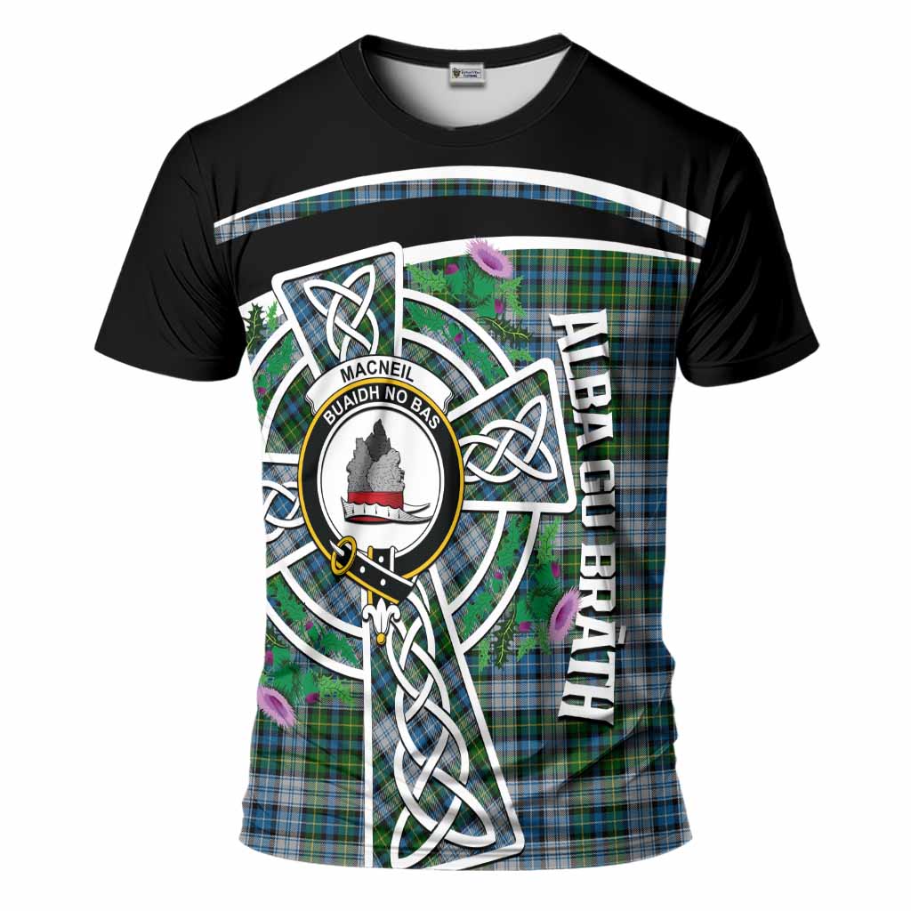 MacNeil (McNeil) Tartan Crest T-Shirt Scottish Thistle Celtic Cross Alba Gu Brath
