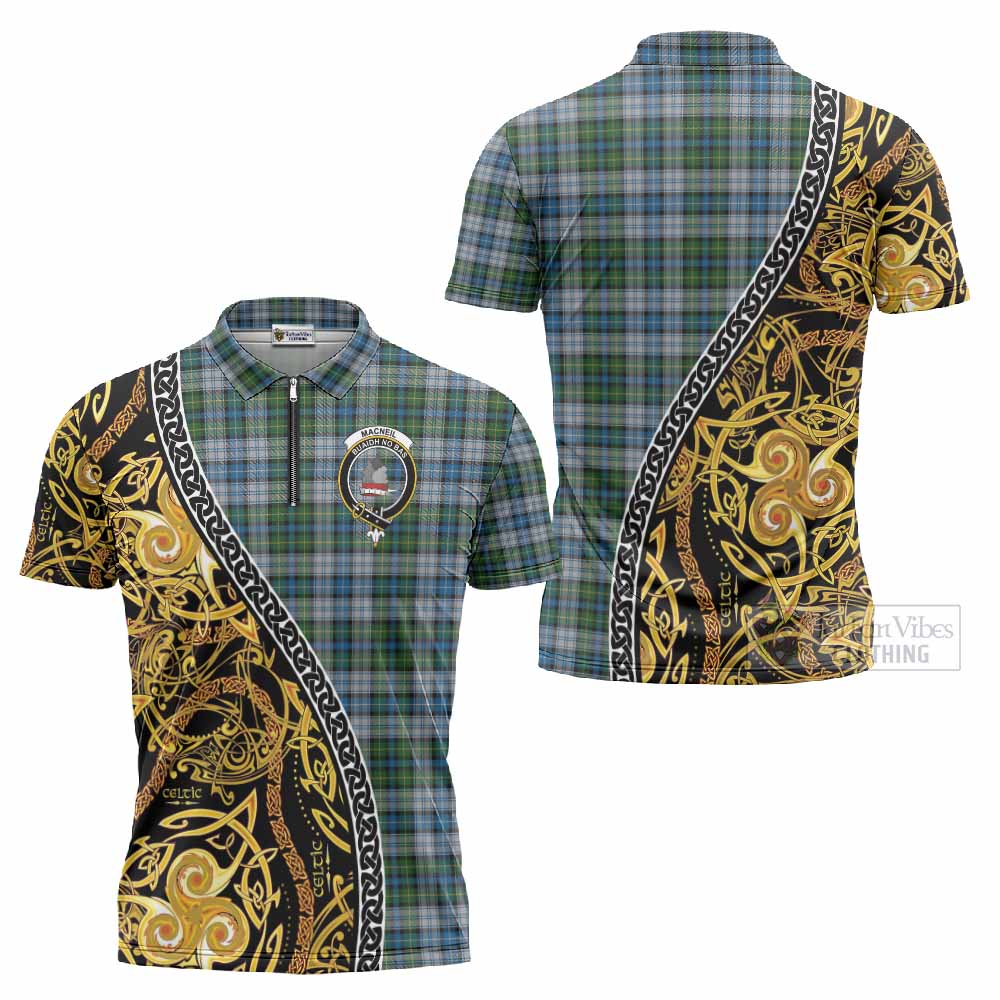 MacNeil (McNeil) Tartan Crest Zipper Polo Shirt Celtic Knot and Triple Trickle Spiral Symbols