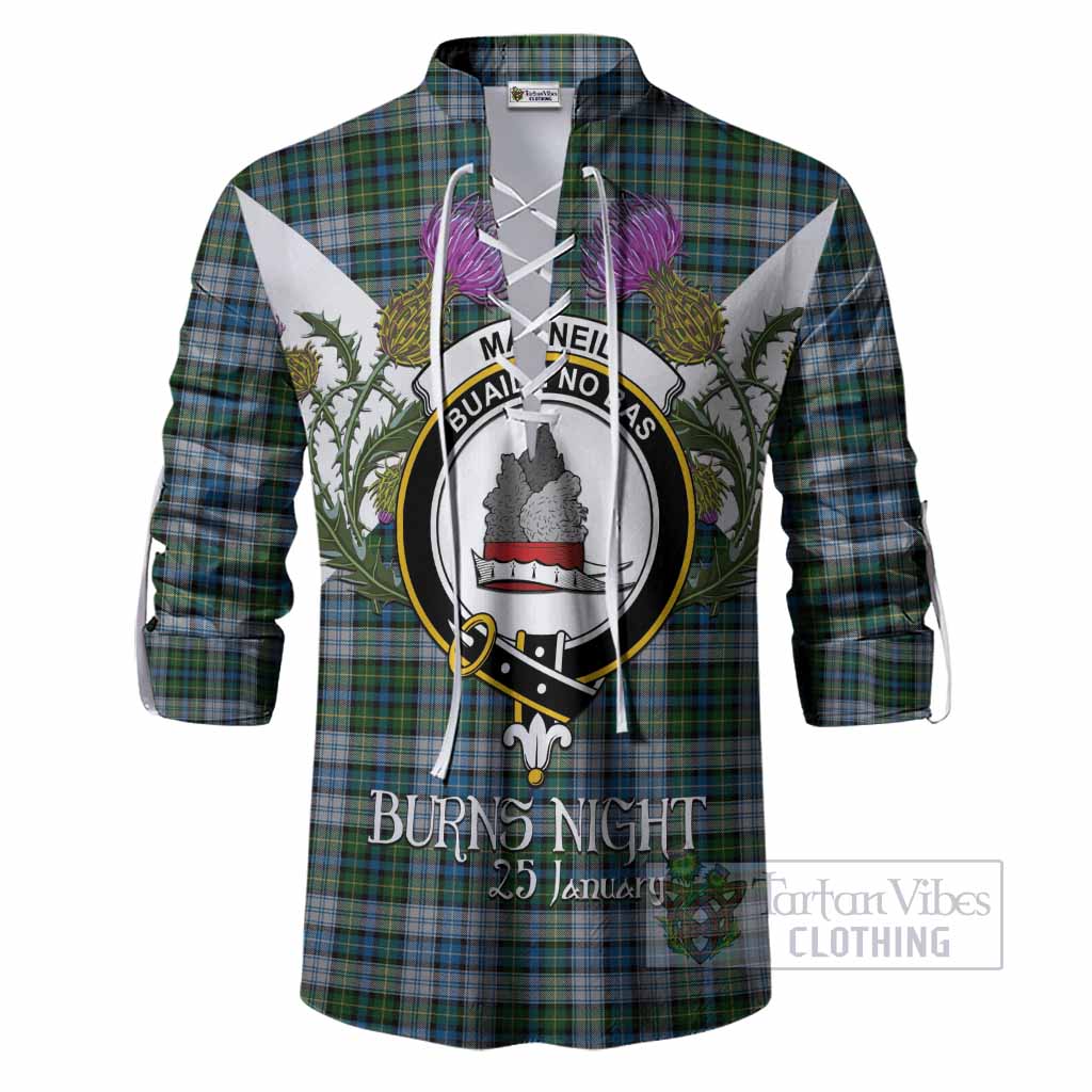 MacNeil (McNeil) Tartan Family Crest Ghillie Shirt Scottish Burns Night Thistle Floral