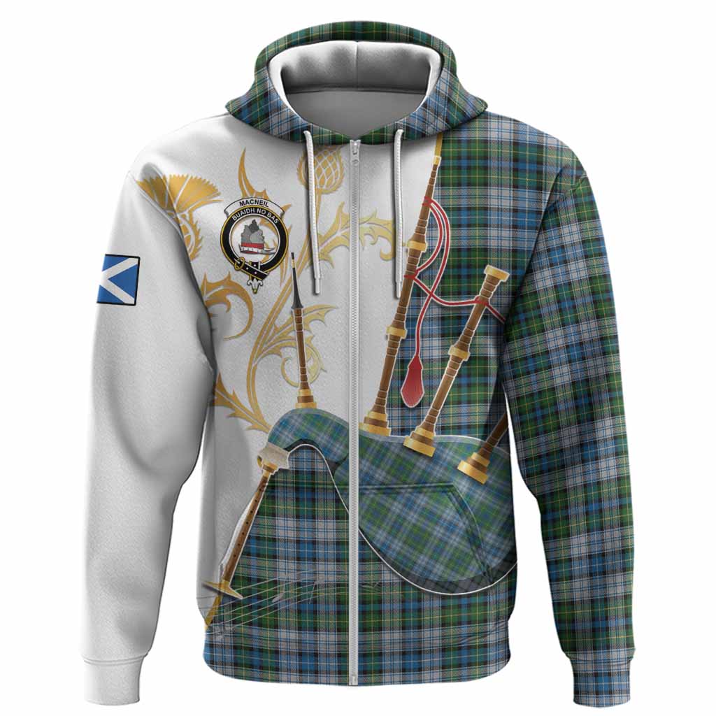 MacNeil (McNeil) Tartan Family Crest Hoodie Bagpipes with Scottish Thistle