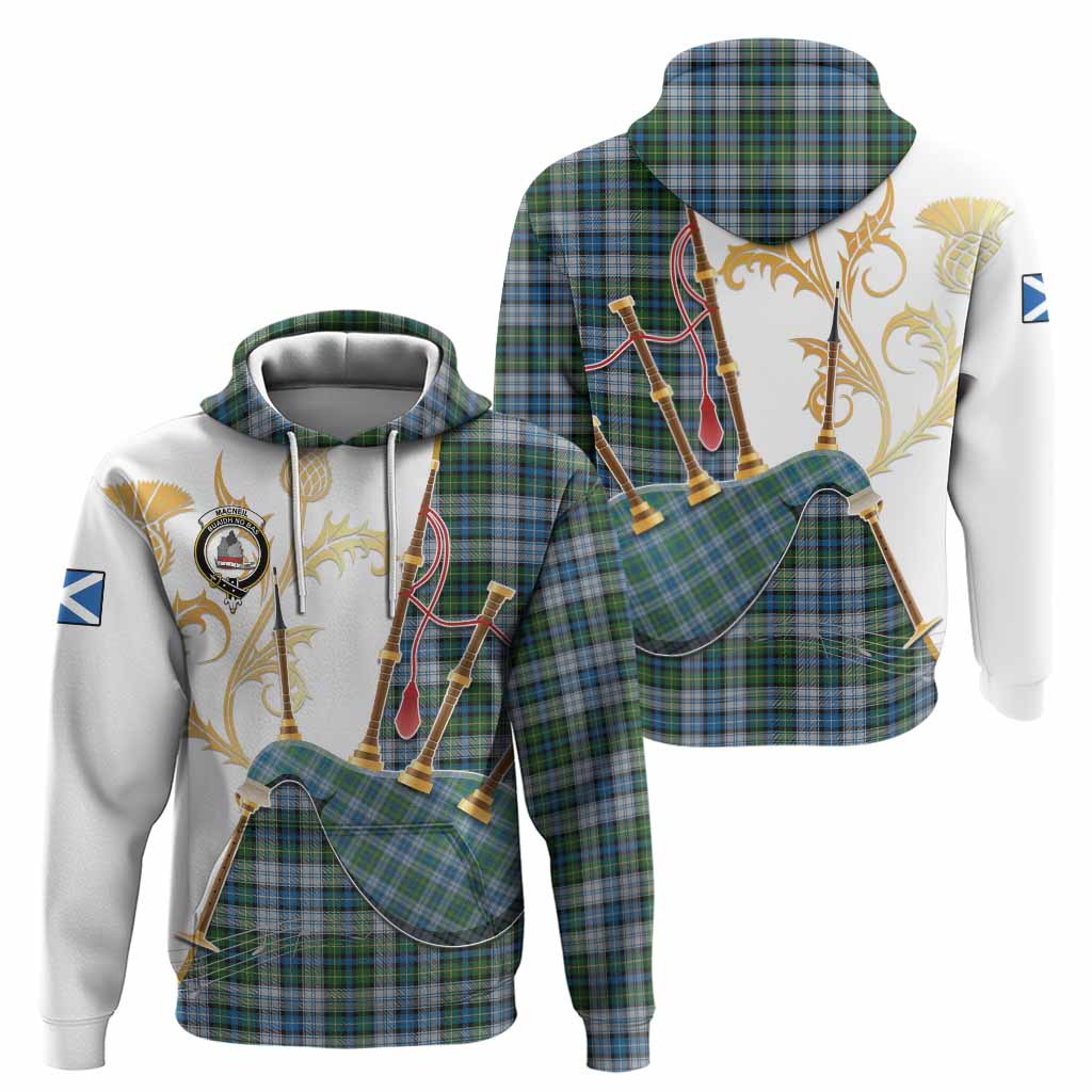 MacNeil (McNeil) Tartan Family Crest Hoodie Bagpipes with Scottish Thistle