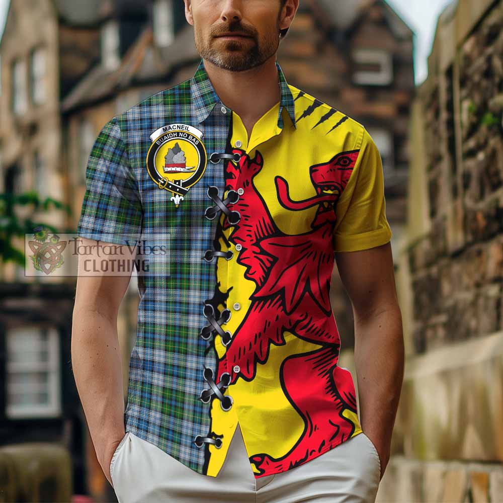 MacNeil (McNeil) Tartan Family Crest Short Sleeve Button Shirt Lion Rampant Honor - Tartan Vibes Clothing