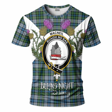 MacNeil (McNeil) Tartan Family Crest T-Shirt Scottish Burns Night Thistle Floral