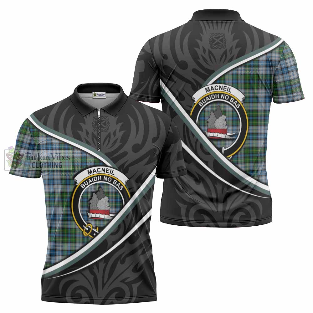 MacNeil (McNeil) Tartan Family Crest Zipper Polo Shirt Celtic Scottish Thistle Floral - Tartan Vibes Clothing
