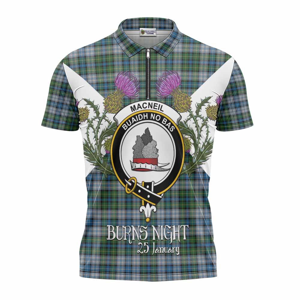 MacNeil (McNeil) Tartan Family Crest Zipper Polo Shirt Scottish Burns Night Thistle Floral