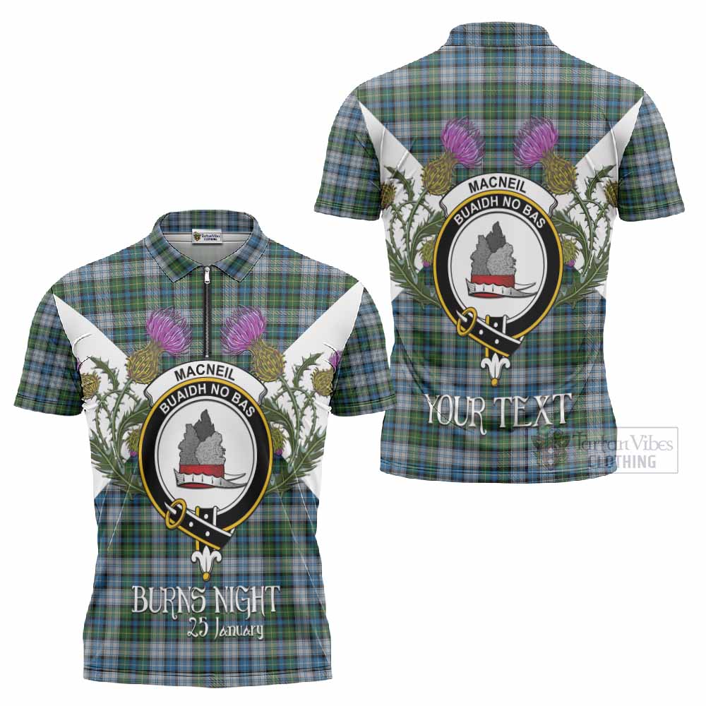 MacNeil (McNeil) Tartan Family Crest Zipper Polo Shirt Scottish Burns Night Thistle Floral