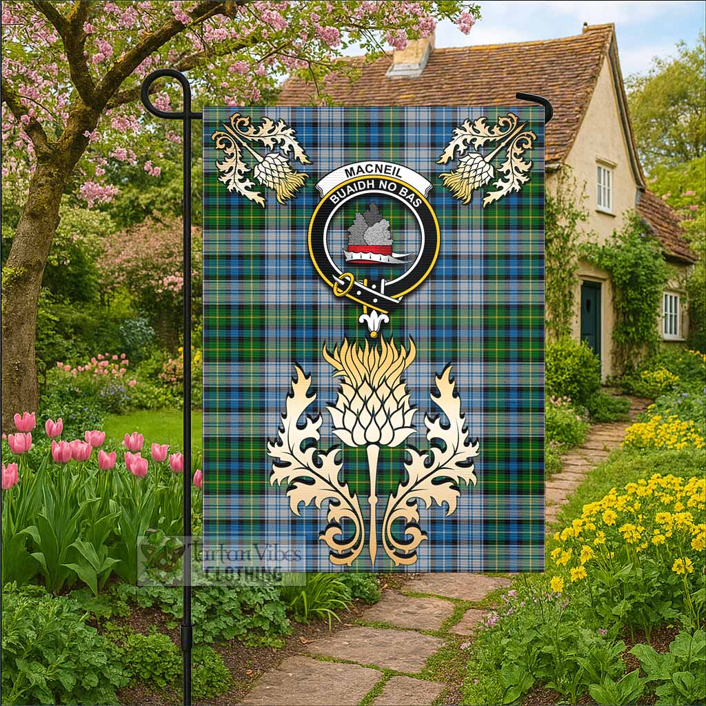MacNeil (McNeil) Tartan Garden Flag with Golden Regal Scottish Thistle Emblem - Tartan Vibes Clothing