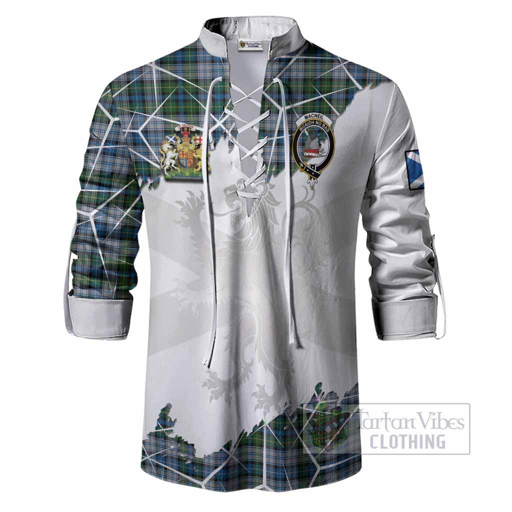 MacNeil (McNeil) Tartan Ghillie Shirt with Family Crest and Lion Rampant Grunge Style