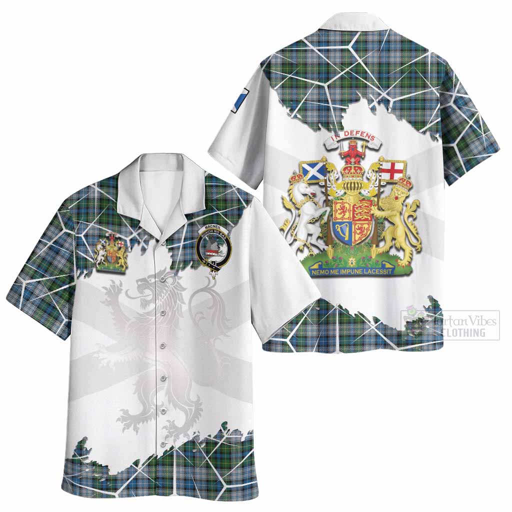 MacNeil (McNeil) Tartan Hawaiian Shirt with Family Crest and Lion Rampant Grunge Style