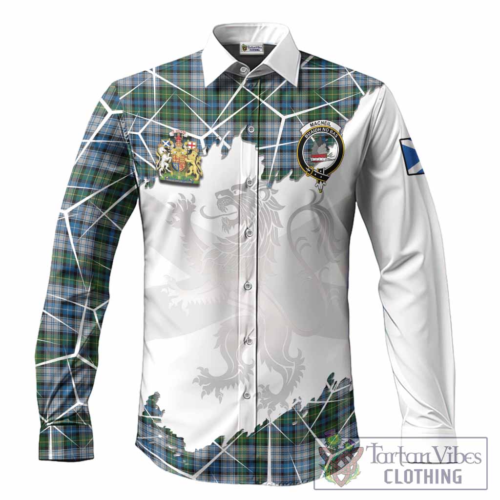 MacNeil (McNeil) Tartan Long Sleeve Button Shirts with Family Crest and Lion Rampant Grunge Style