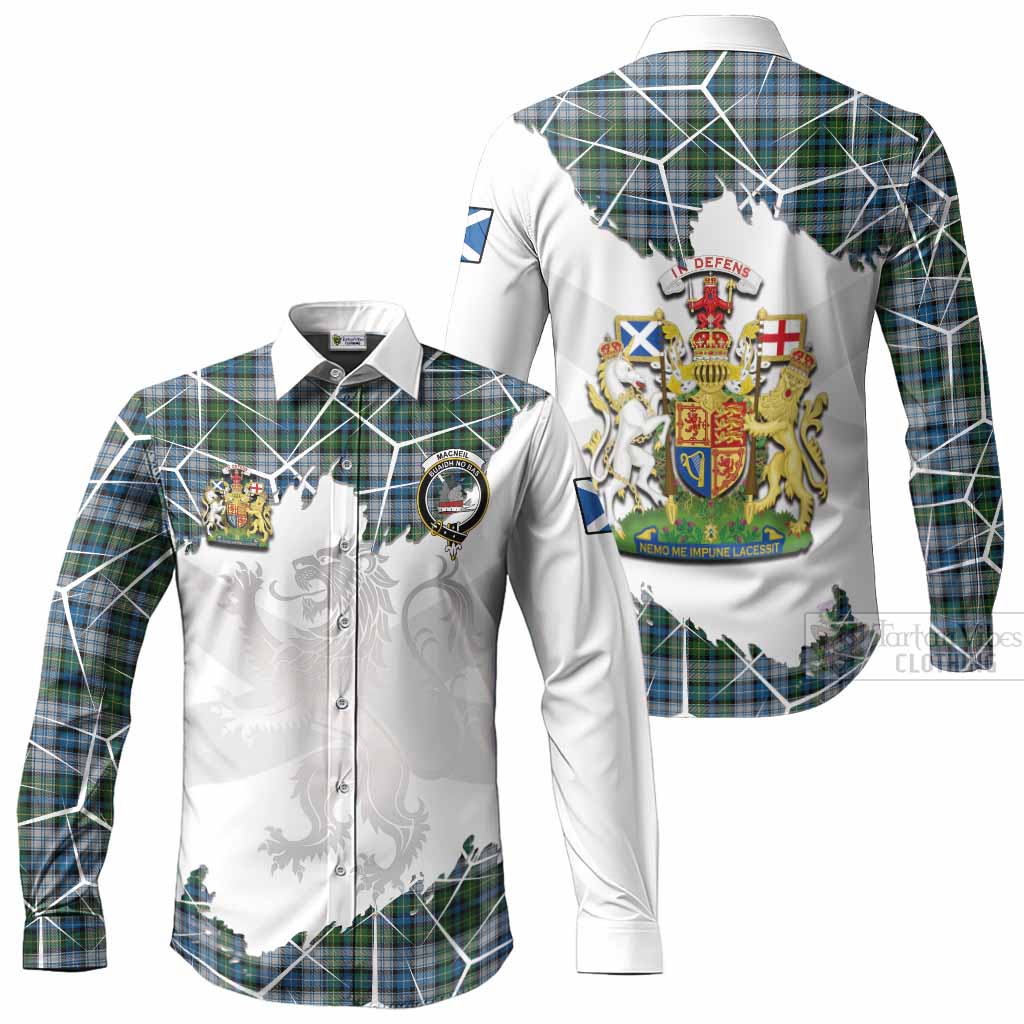 MacNeil (McNeil) Tartan Long Sleeve Button Shirts with Family Crest and Lion Rampant Grunge Style
