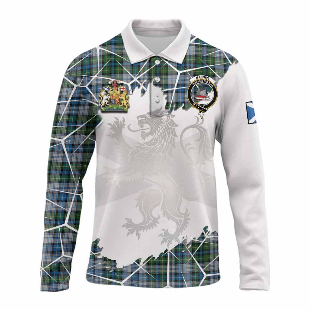 MacNeil (McNeil) Tartan Long Sleeve Polo Shirt with Family Crest and Lion Rampant Grunge Style