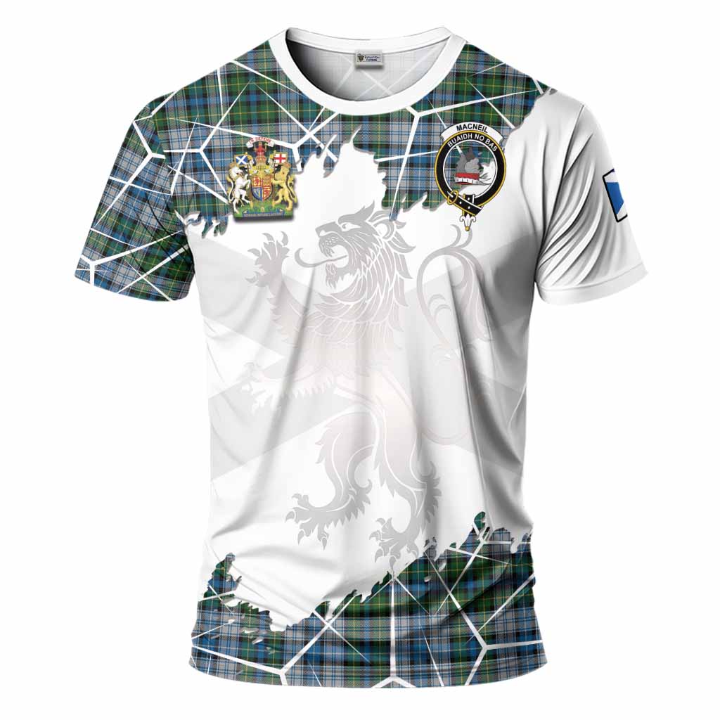MacNeil (McNeil) Tartan T-Shirt with Family Crest and Lion Rampant Grunge Style
