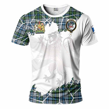 MacNeil (McNeil) Tartan T-Shirt with Family Crest and Lion Rampant Grunge Style