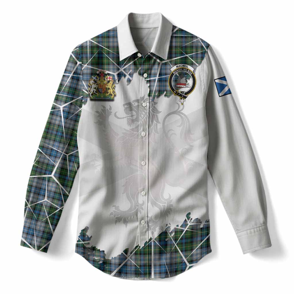 MacNeil (McNeil) Tartan Women Casual Shirt with Family Crest and Lion Rampant Grunge Style