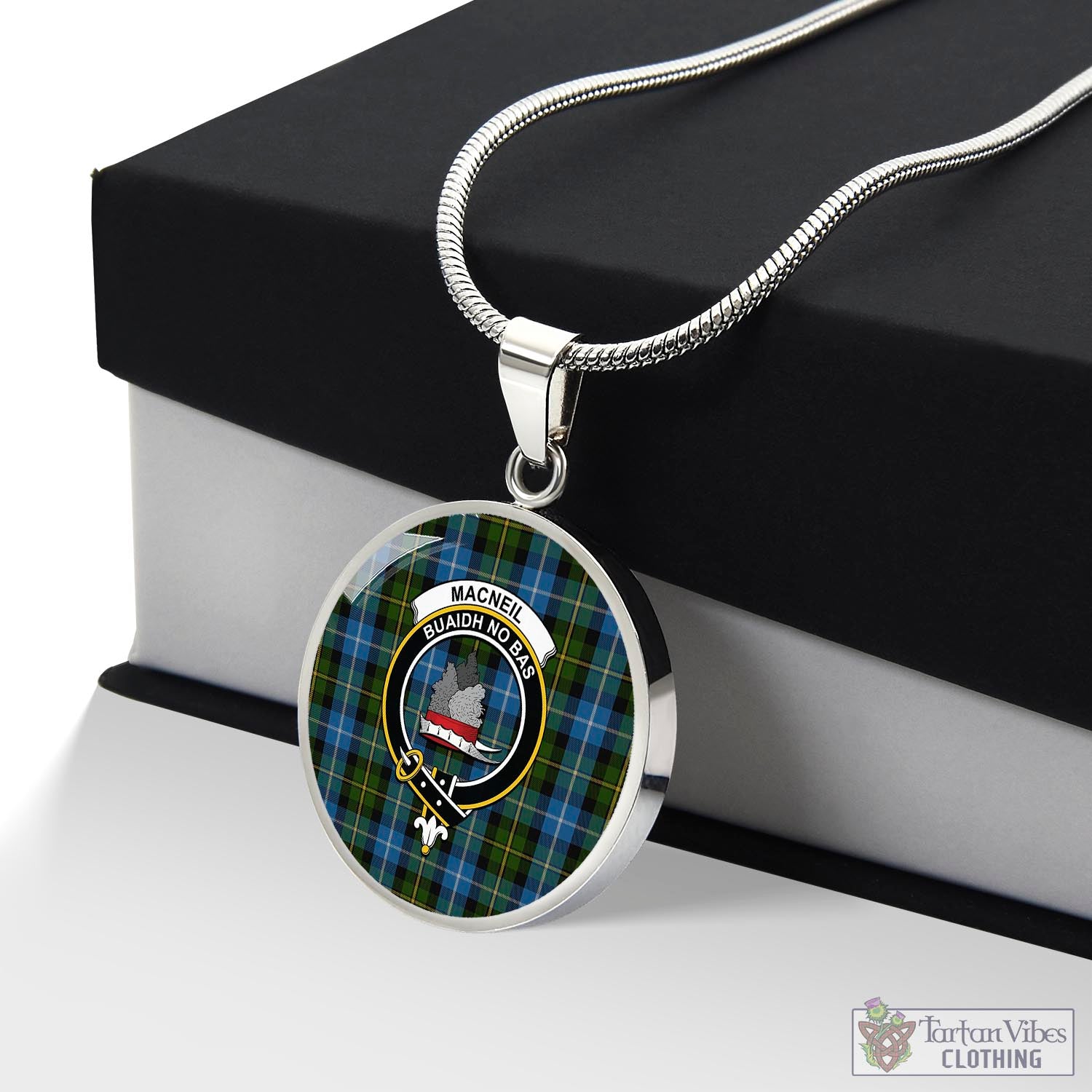 Tartan Vibes Clothing MacNeil of Barra Tartan Circle Necklace with Family Crest