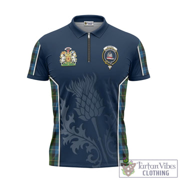 MacNeil of Barra Tartan Zipper Polo Shirt with Family Crest and Scottish Thistle Vibes Sport Style