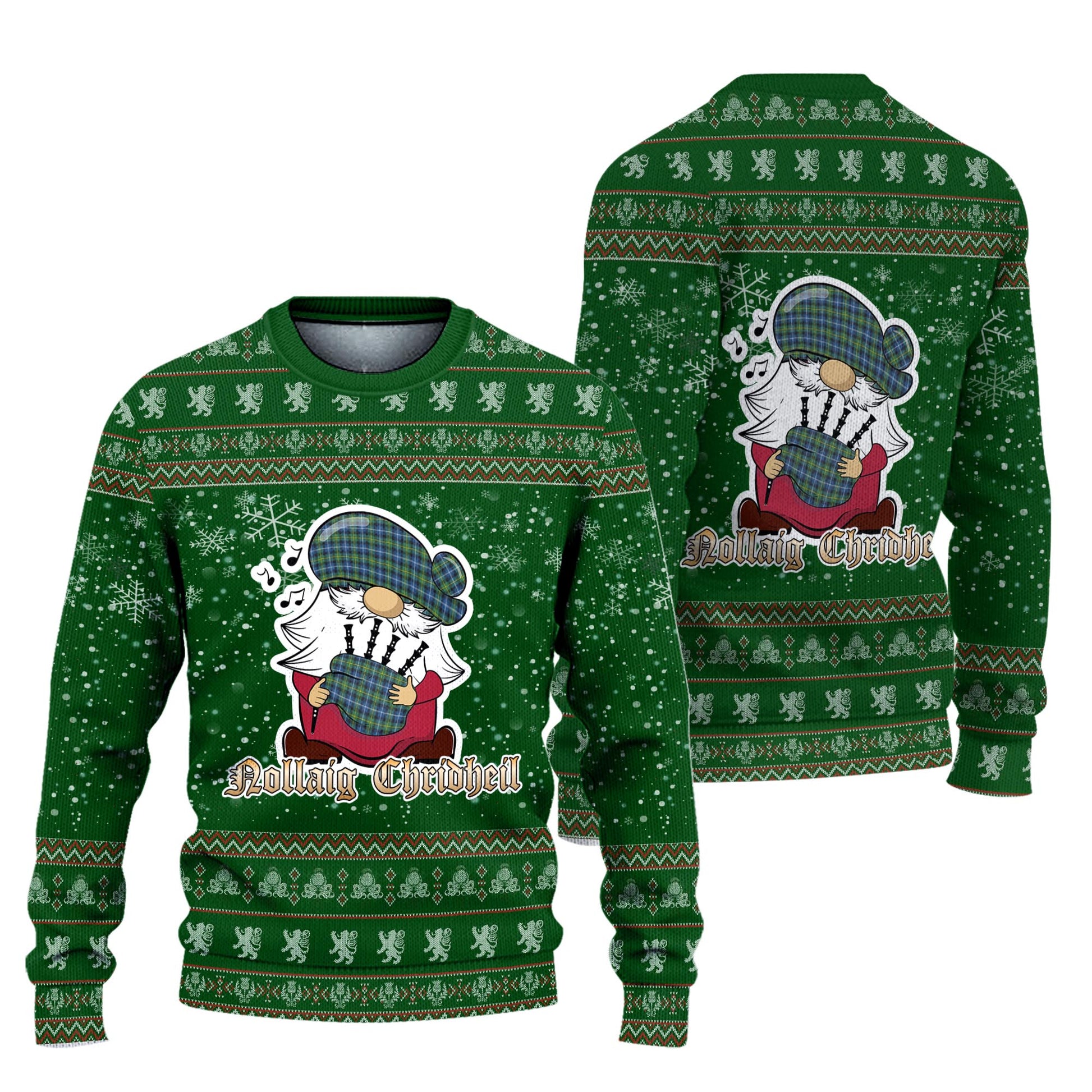 MacNeil of Barra Ancient Clan Christmas Family Knitted Sweater with Funny Gnome Playing Bagpipes Unisex Green - Tartanvibesclothing