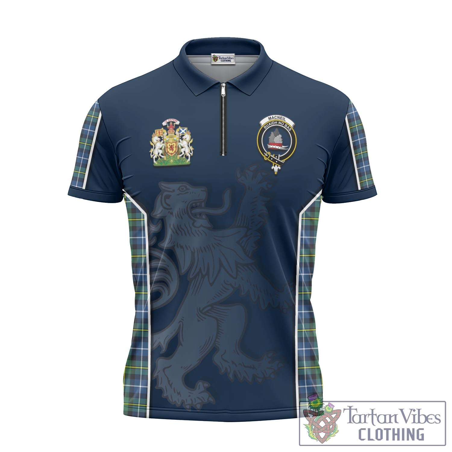 Tartan Vibes Clothing MacNeil of Barra Ancient Tartan Zipper Polo Shirt with Family Crest and Lion Rampant Vibes Sport Style