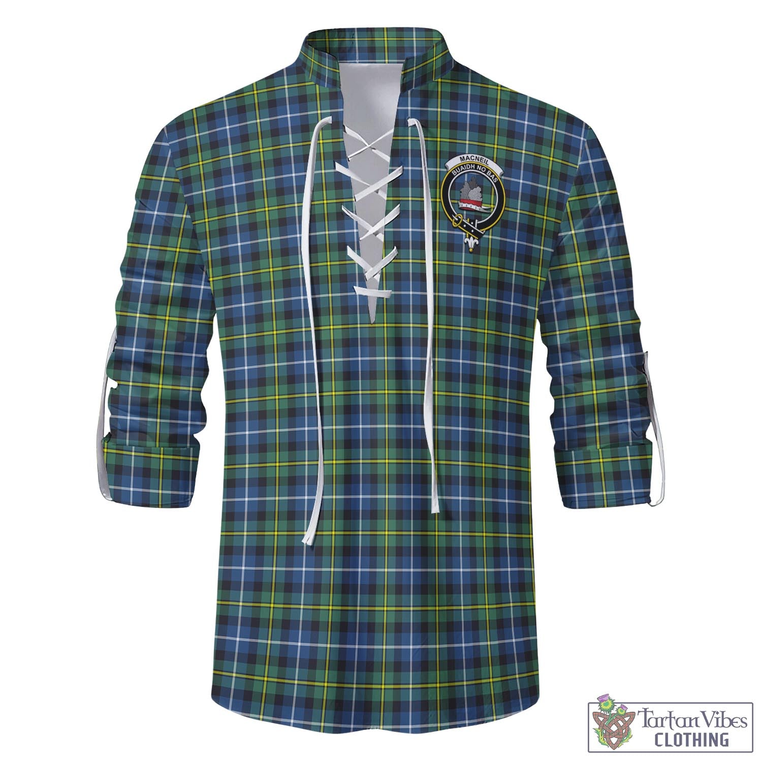 Tartan Vibes Clothing MacNeil of Barra Ancient Tartan Men's Scottish Traditional Jacobite Ghillie Kilt Shirt with Family Crest
