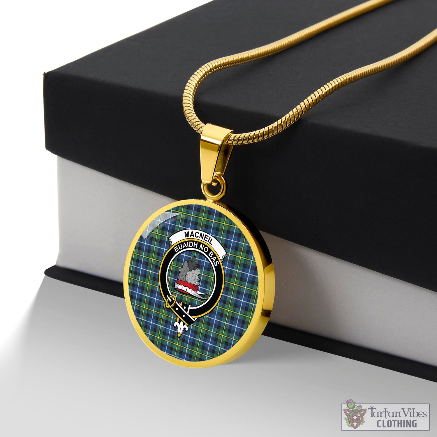 Tartan Vibes Clothing MacNeil of Barra Ancient Tartan Circle Necklace with Family Crest